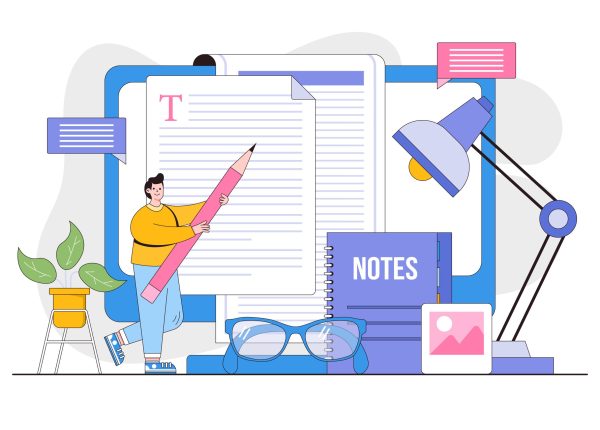 Creative writing or blogging, education and content management concept with people character. Outline design style minimal vector illustration for landing page, hero images.